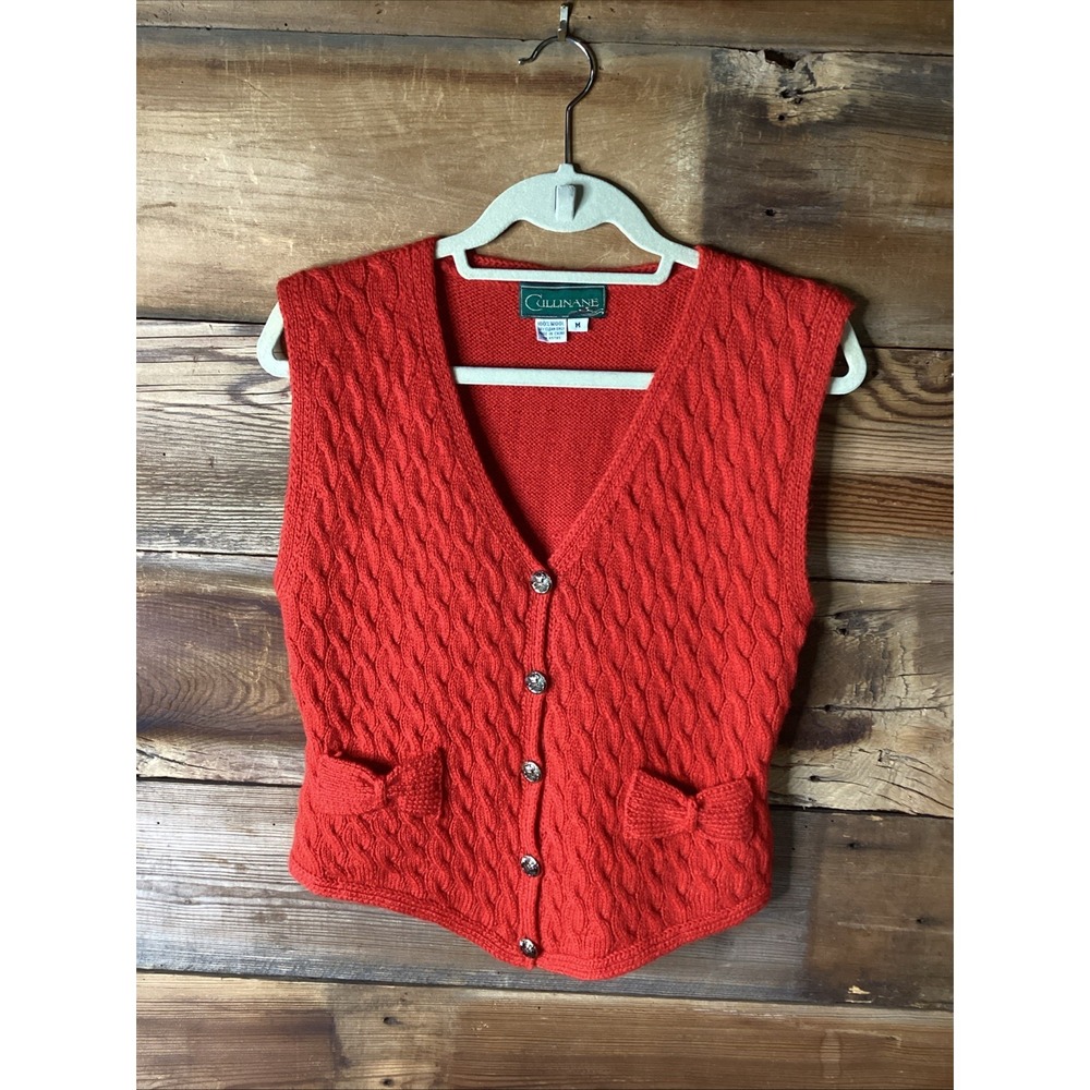 Cullinane Vest 100% Women's Wool Cable Knit Sweater M Vest Bow Red Button